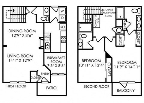 Floor plan for 2 beds, 2.5 baths, 1531 sqft